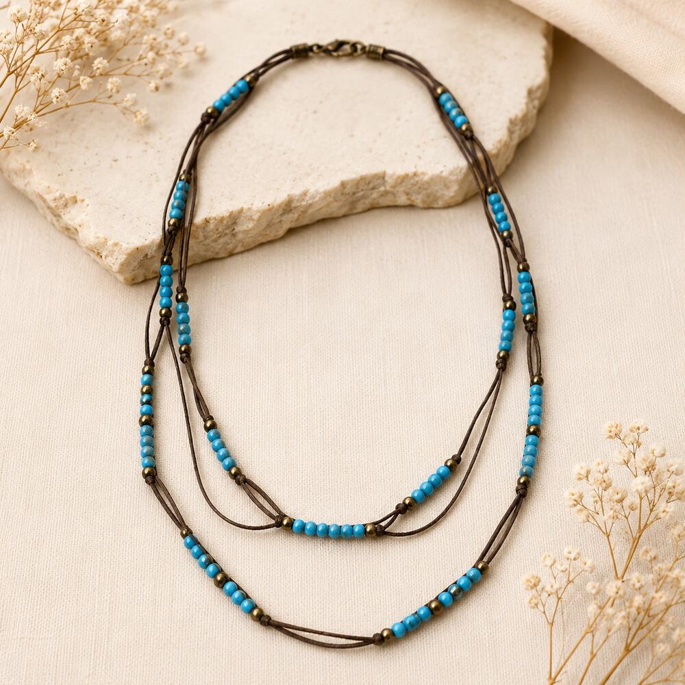 Boho Turquoise Beaded Multi-Strand Cord Necklace Bronze Accent Vintage Style